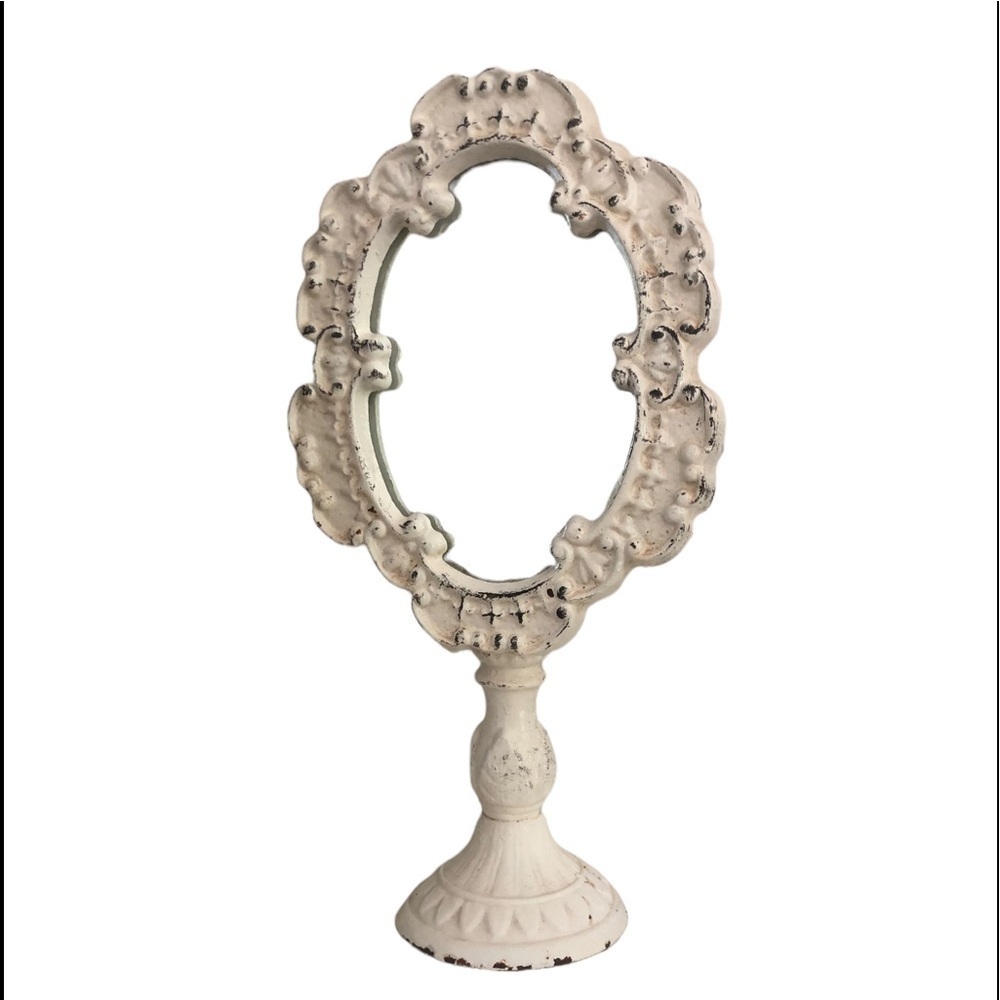 VTG Cast Iron Distressed Table Top Dresser Oval Stem Mirror 10” Revival Recoco